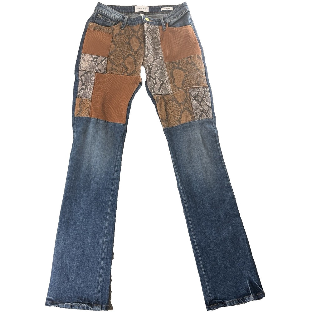 Frame Le Mini Boot Bootcut Snake Print Leather Patchwork Jeans Size 25 Luxury